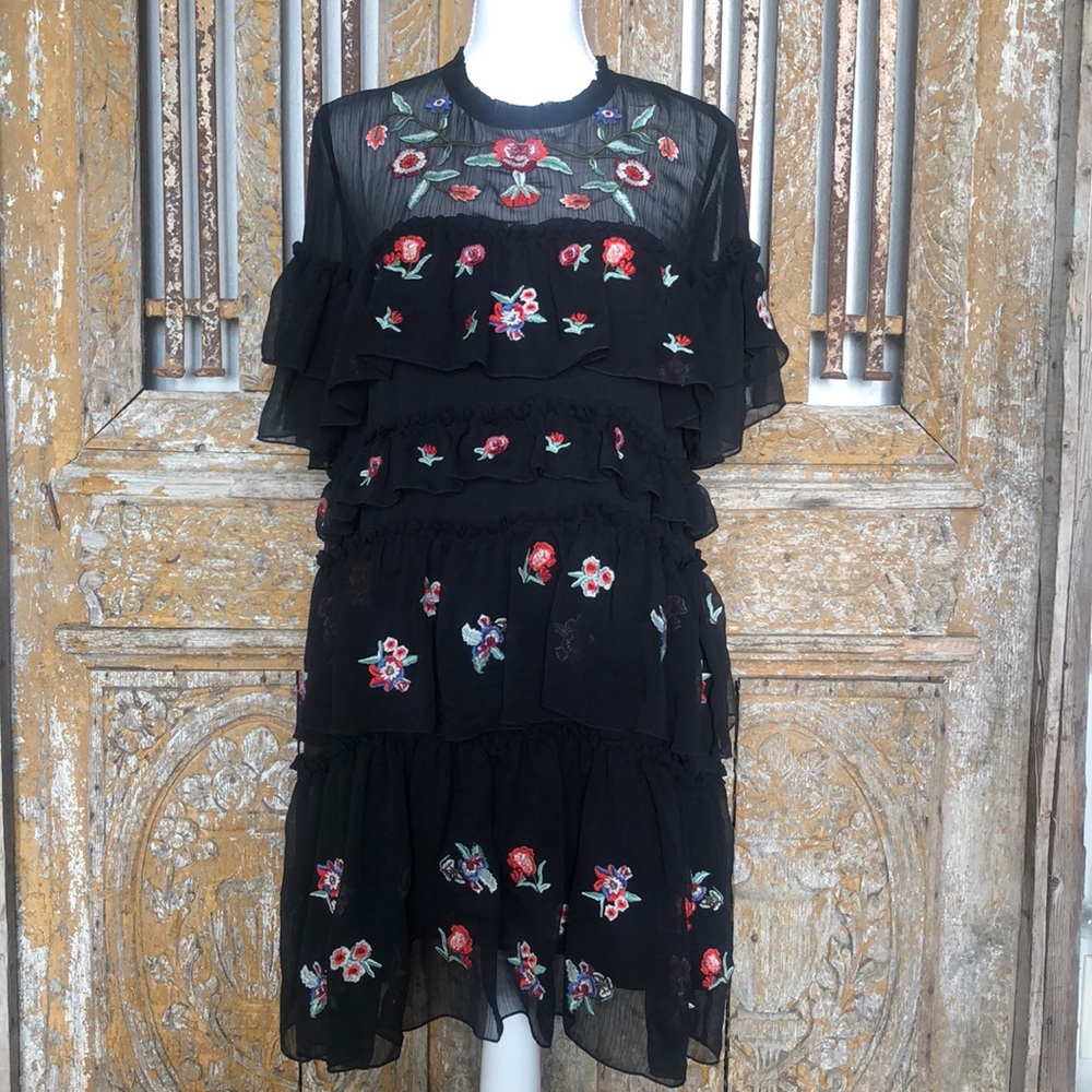 ALPHA & OMEGA Black Ruffled Embroidered Dress M